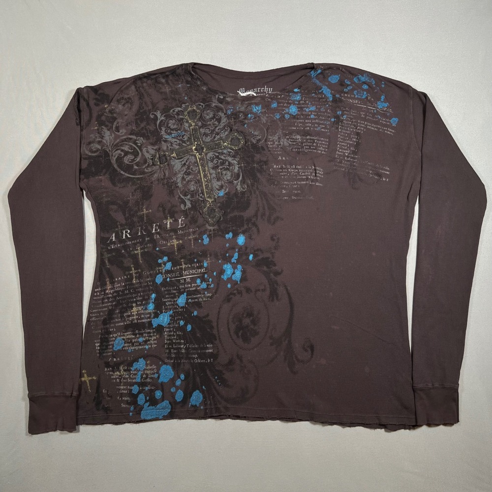 Monarchy Thermal Long Sleeve Shirt 2XL Brown Y2K Cyber Goth Cross Lost Angels